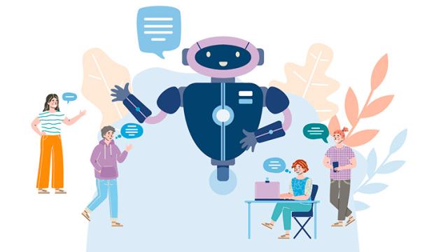 Piirroskuvassa robotti ja ihmisiä.