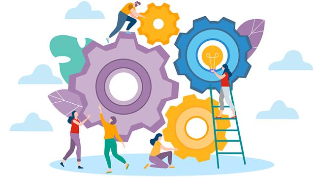 Kuvituskuva, jossa erivärisiä piirroshahmoja ja rataksia.