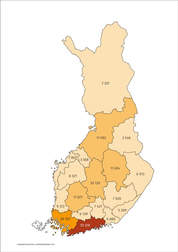 Suomen kartta, johon on merkitty maakunnittain siirtyvän henkilöstön määrä