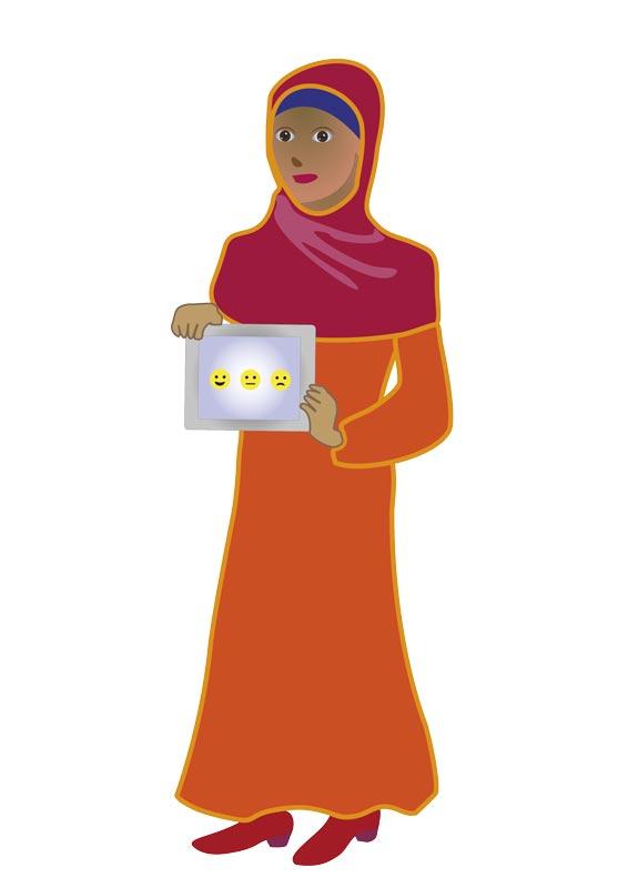Piirros digiasioinineuvojasta oranssissa mekossa ja punaisessa hijabissa